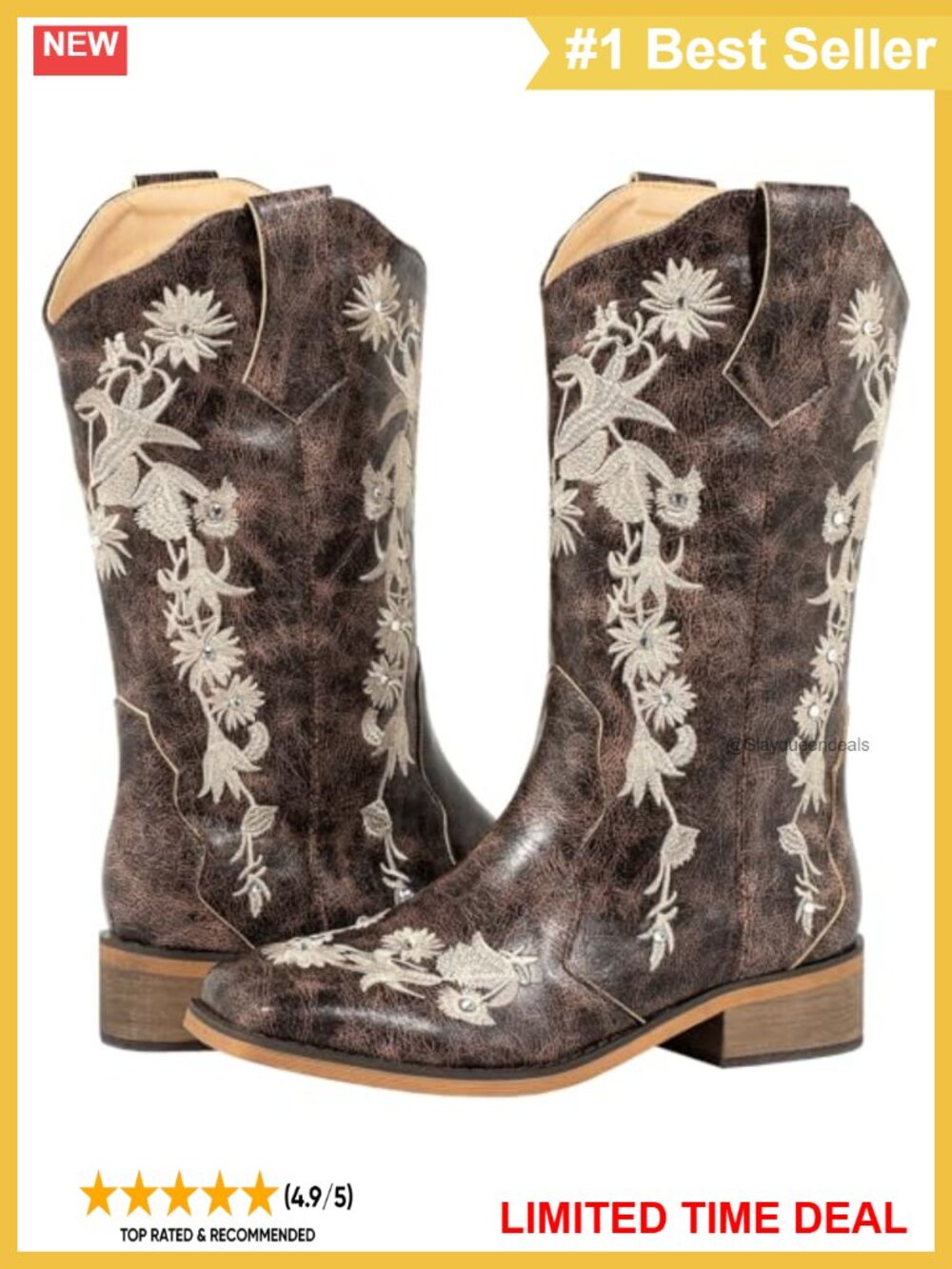 Square Toe Mid Calf Western Cowboy Boots Floral Rhinestone Faux Leather